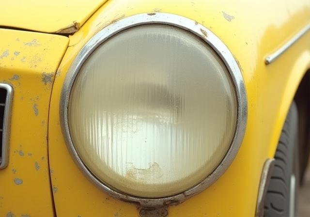 Faro di un'auto ingiallito e opacizzato dal tempo